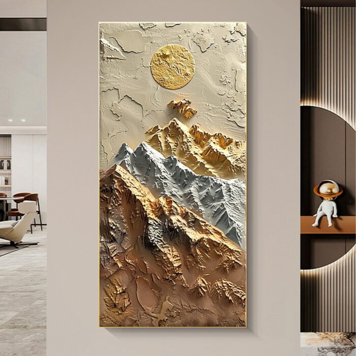 3D Mountain Vertical Painting Gold Sliver Mountains Landscape Painting on Canvas Gold Sun Textured Canvas Art Decor Living Room - Image 5