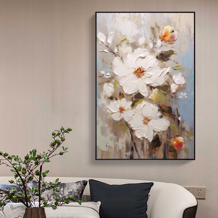 3D White Flower Painting Minimalist Floral Art On Canvas Vertical Flower Painting For Living Room Wall Decor - Image 6