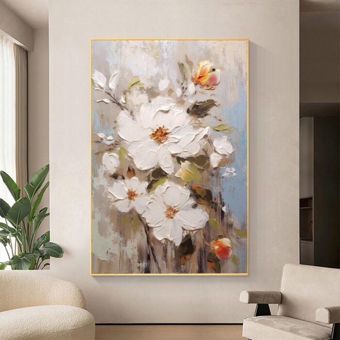 3D White Flower Painting Minimalist Floral Art On Canvas Vertical Flower Painting For Living Room Wall Decor - Image 3