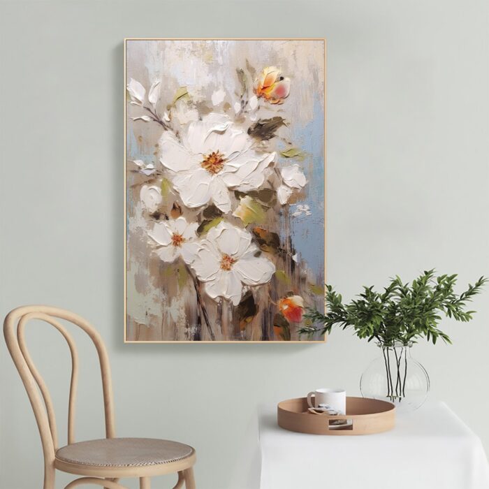 3D White Flower Painting Minimalist Floral Art On Canvas Vertical Flower Painting For Living Room Wall Decor - Image 5