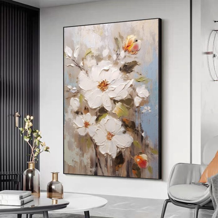 3D White Flower Painting Minimalist Floral Art On Canvas Vertical Flower Painting For Living Room Wall Decor - Image 8