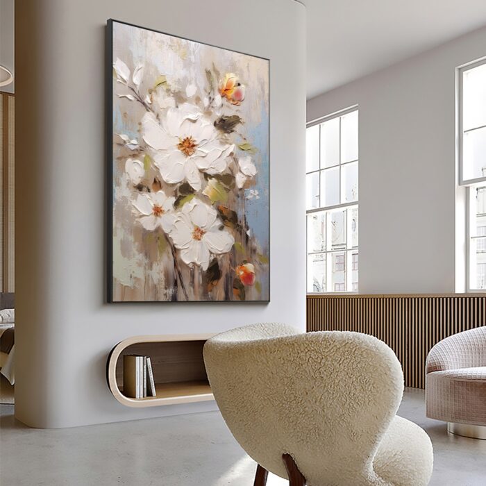 3D White Flower Painting Minimalist Floral Art On Canvas Vertical Flower Painting For Living Room Wall Decor - Image 7