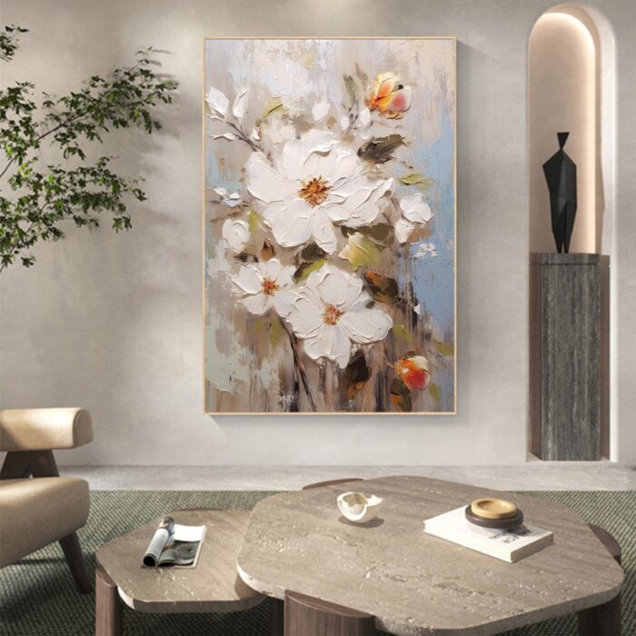 3D White Flower Painting Minimalist Floral Art On Canvas Vertical Flower Painting For Living Room Wall Decor - Image 4