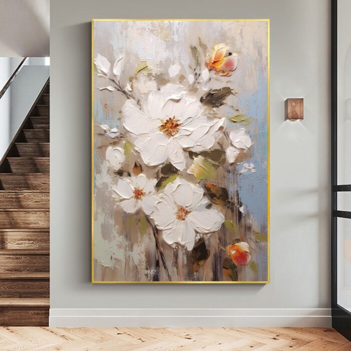 3D White Flower Painting Minimalist Floral Art On Canvas Vertical Flower Painting For Living Room Wall Decor