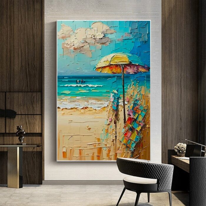 Blue Beach Artwork Wall Art Coastal Beach Scene  Painting on Canvas Beach Umbrella Vertical Painting For Living Room Wall