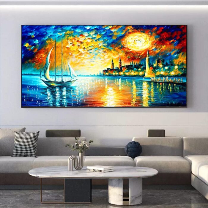 Boat Canvas Wall Art Colorful Coastal Night City Paintings Seascape Canvas Art for Living Room Bedroom Office