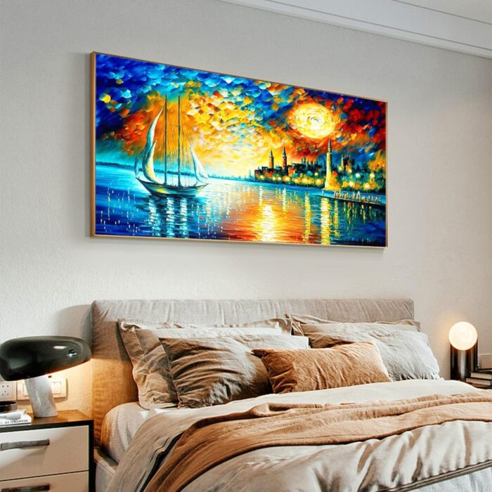 Boat Canvas Wall Art Colorful Coastal Night City Paintings Seascape Canvas Art for Living Room Bedroom Office - Image 9