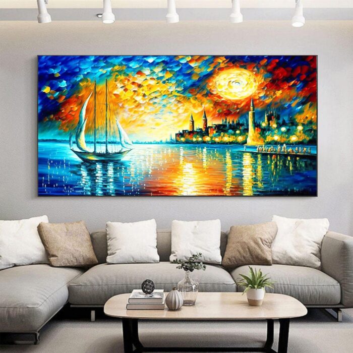 Boat Canvas Wall Art Colorful Coastal Night City Paintings Seascape Canvas Art for Living Room Bedroom Office - Image 4