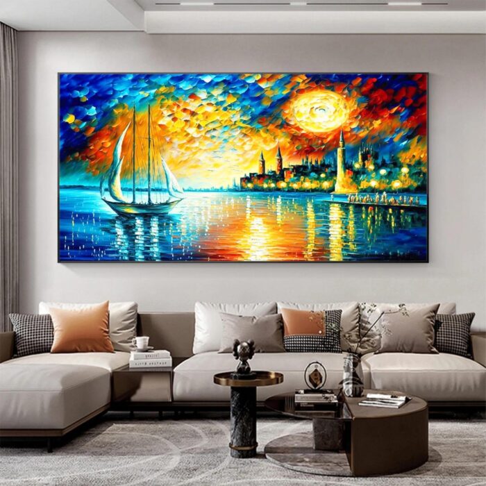 Boat Canvas Wall Art Colorful Coastal Night City Paintings Seascape Canvas Art for Living Room Bedroom Office - Image 3