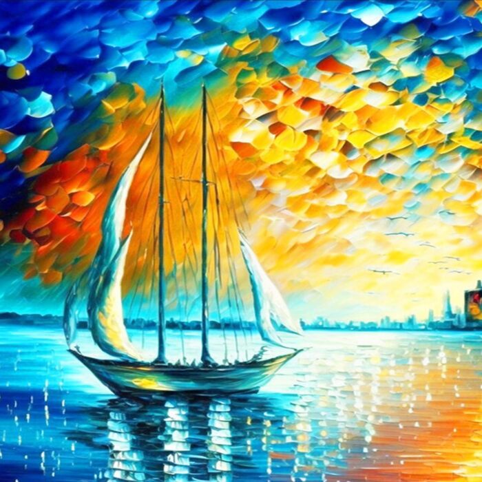 Boat Canvas Wall Art Colorful Coastal Night City Paintings Seascape Canvas Art for Living Room Bedroom Office - Image 2