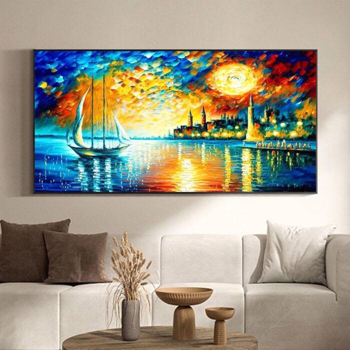 Boat Canvas Wall Art Colorful Coastal Night City Paintings Seascape Canvas Art for Living Room Bedroom Office - Image 5