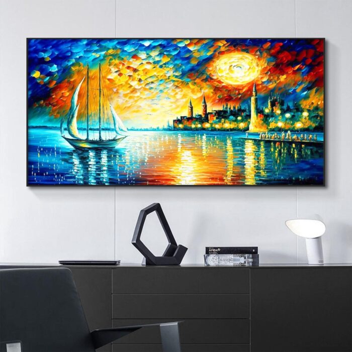 Boat Canvas Wall Art Colorful Coastal Night City Paintings Seascape Canvas Art for Living Room Bedroom Office - Image 6