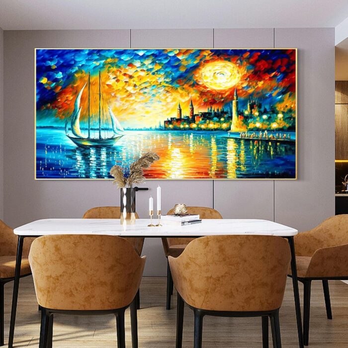 Boat Canvas Wall Art Colorful Coastal Night City Paintings Seascape Canvas Art for Living Room Bedroom Office - Image 7