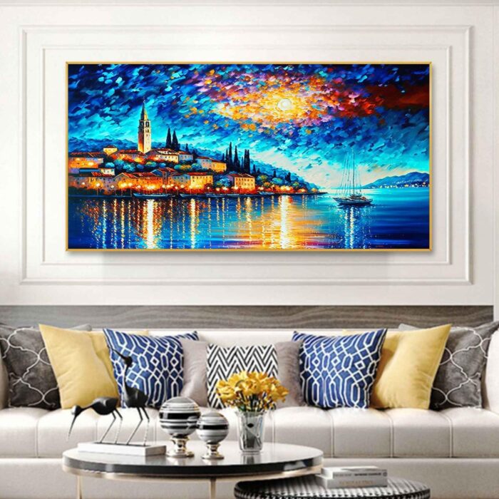 Coastal Cities Canvas Wall Art Blue Seaside Landscape Canvas Art Home Decor - Image 5