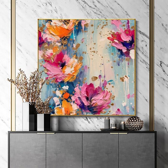 Colorful Floral Painting on Canvas Pink Flowers Wildflowers Square Painting For Living Room Dinning Room - Image 7