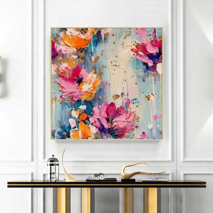 Colorful Floral Painting on Canvas Pink Flowers Wildflowers Square Painting For Living Room Dinning Room - Image 5