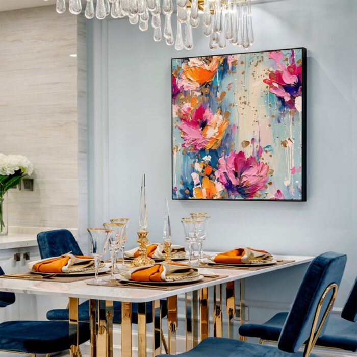 Colorful Floral Painting on Canvas Pink Flowers Wildflowers Square Painting For Living Room Dinning Room - Image 9