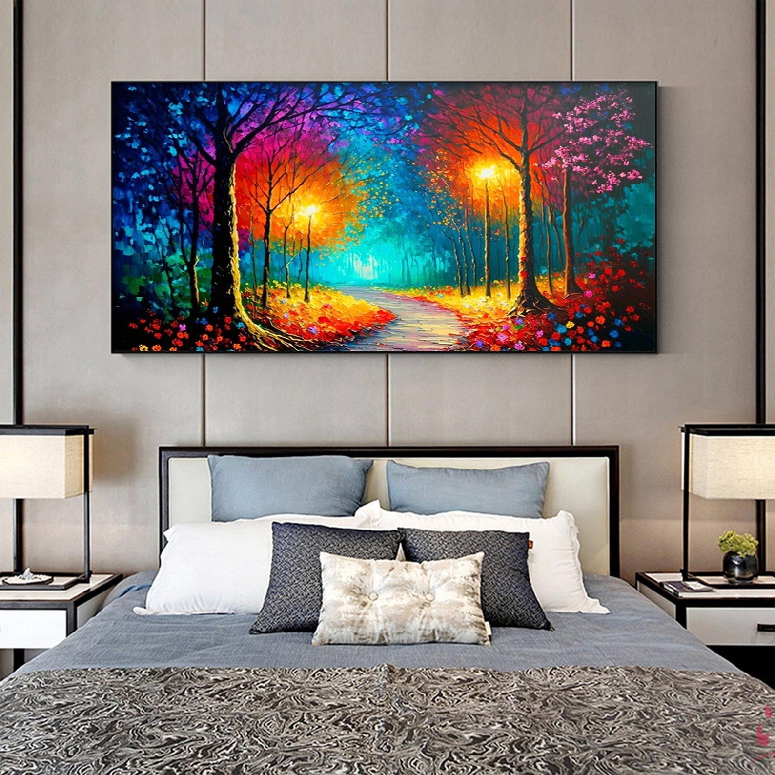 Colorful Park Oil Painting Autumn Park With Street Lights Roadside Canvas Wall Art for Home Living Room Bedroom Decor and Office Decoration - Image 5