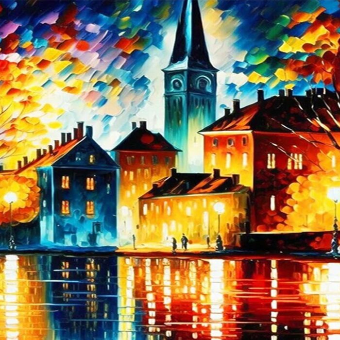 Colorful Cityscapes Wall Art Textured Building Oil Painting Abstract Tree Lake Landscapes Painting for Wall Decor - Image 2