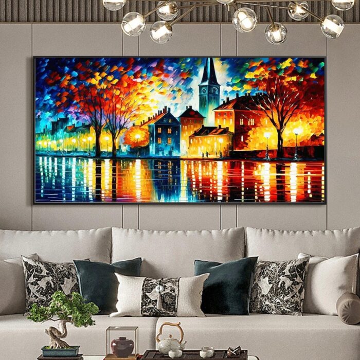 Colorful Cityscapes Wall Art Textured Building Oil Painting Abstract Tree Lake Landscapes Painting for Wall Decor