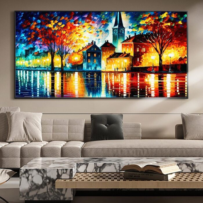 Colorful Cityscapes Wall Art Textured Building Oil Painting Abstract Tree Lake Landscapes Painting for Wall Decor - Image 5