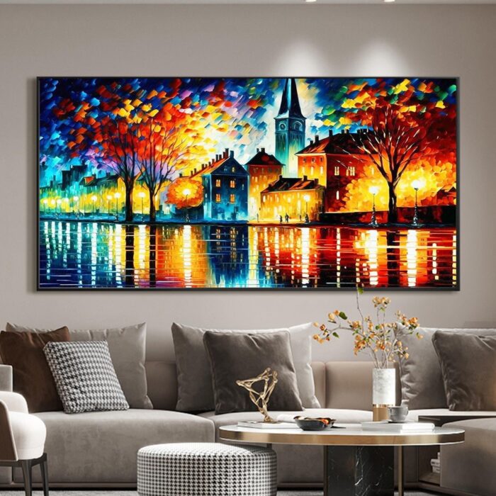 Colorful Cityscapes Wall Art Textured Building Oil Painting Abstract Tree Lake Landscapes Painting for Wall Decor - Image 7