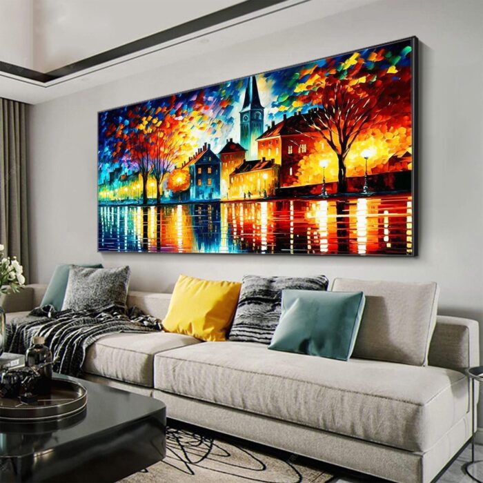 Colorful Cityscapes Wall Art Textured Building Oil Painting Abstract Tree Lake Landscapes Painting for Wall Decor - Image 10