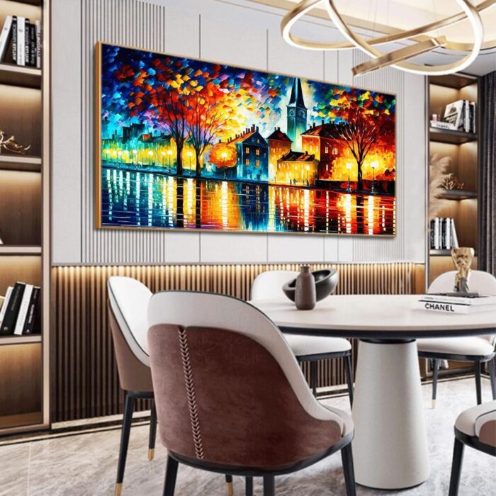 Colorful Cityscapes Wall Art Textured Building Oil Painting Abstract Tree Lake Landscapes Painting for Wall Decor - Image 9