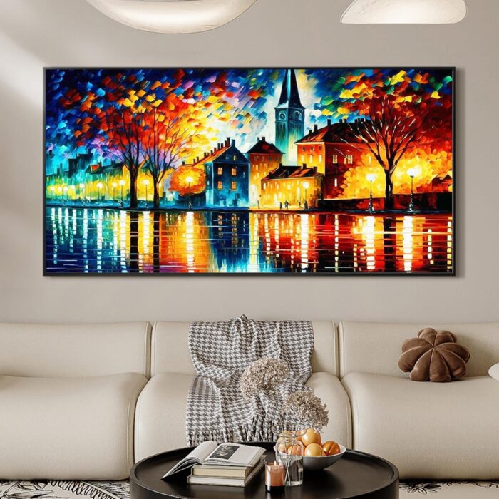 Colorful Cityscapes Wall Art Textured Building Oil Painting Abstract Tree Lake Landscapes Painting for Wall Decor - Image 8