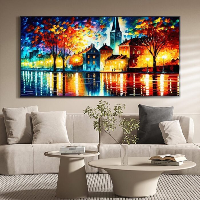 Colorful Cityscapes Wall Art Textured Building Oil Painting Abstract Tree Lake Landscapes Painting for Wall Decor - Image 4