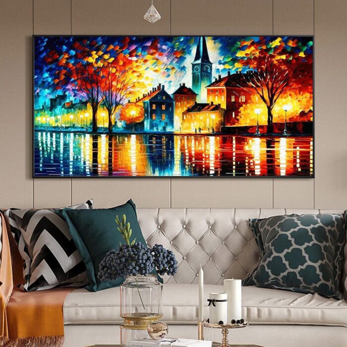 Colorful Cityscapes Wall Art Textured Building Oil Painting Abstract Tree Lake Landscapes Painting for Wall Decor - Image 3