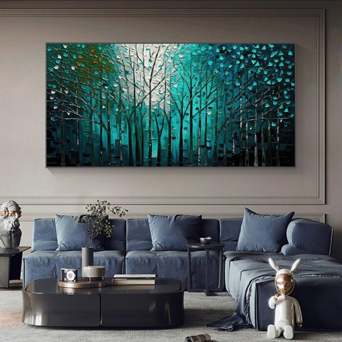 Dark Green Forest Wall Art White Teal Green Painting Artwork for Living Room Bedoom Home Decoration - Image 3