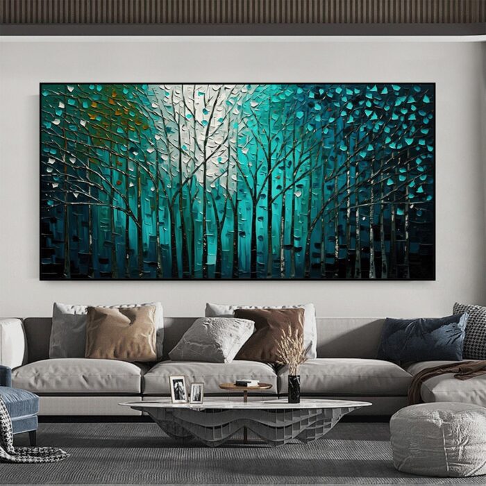 Dark Green Forest Wall Art White Teal Green Painting Artwork for Living Room Bedoom Home Decoration - Image 5