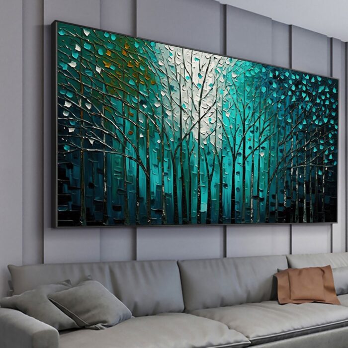 Dark Green Forest Wall Art White Teal Green Painting Artwork for Living Room Bedoom Home Decoration - Image 9