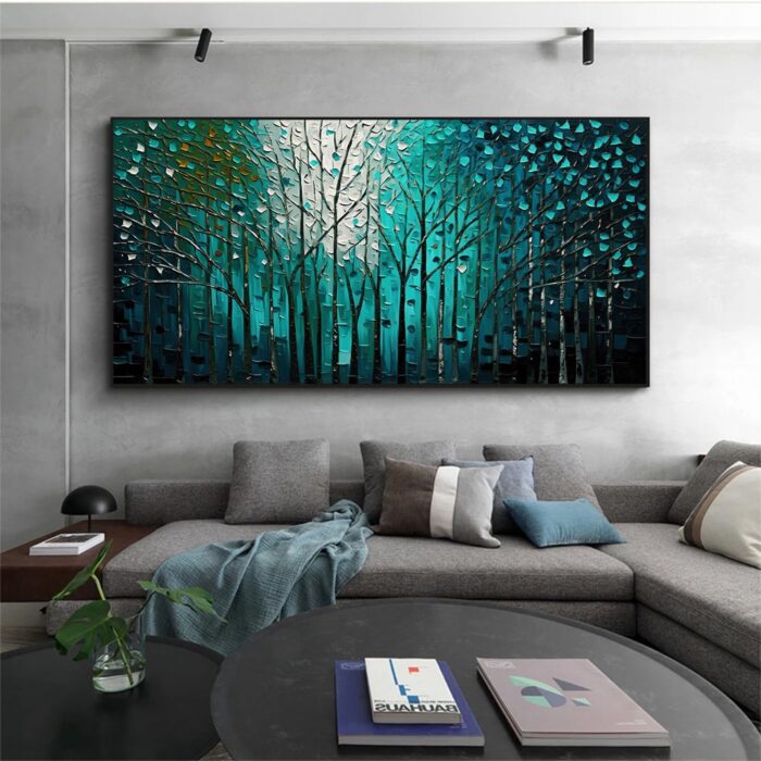 Dark Green Forest Wall Art White Teal Green Painting Artwork for Living Room Bedoom Home Decoration - Image 4