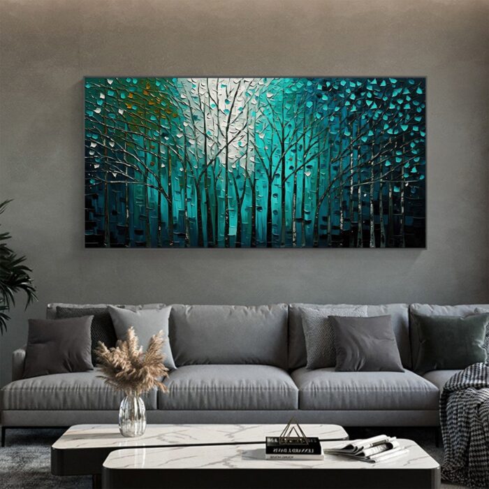 Dark Green Forest Wall Art White Teal Green Painting Artwork for Living Room Bedoom Home Decoration