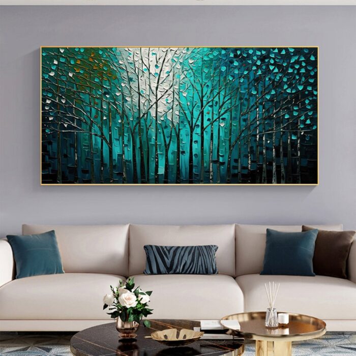 Dark Green Forest Wall Art White Teal Green Painting Artwork for Living Room Bedoom Home Decoration - Image 6