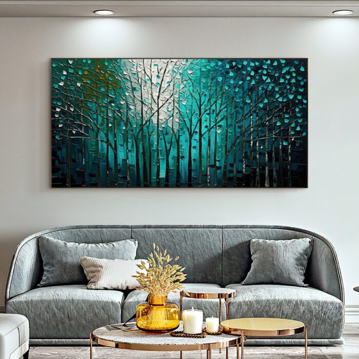 Dark Green Forest Wall Art White Teal Green Painting Artwork for Living Room Bedoom Home Decoration - Image 7