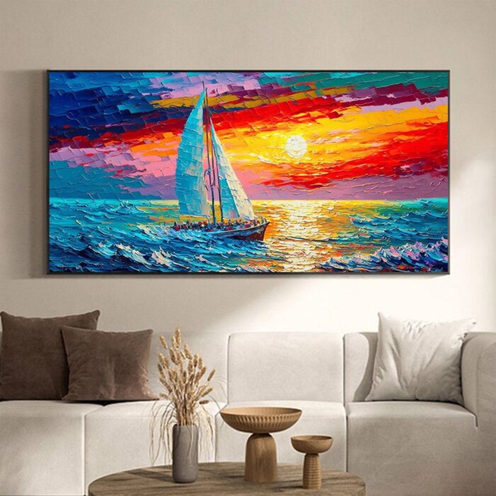 Extra Large White Sails Sailing Ship Yacht Canvas Art Modern Sailing Boat Wall Art Sunset Seascape Art Home Decoration - Image 5