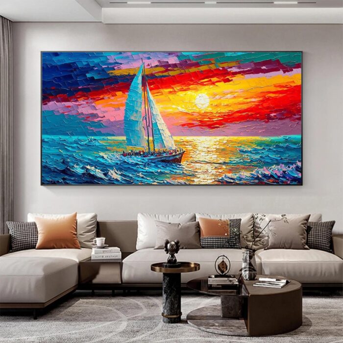 Extra Large White Sails Sailing Ship Yacht Canvas Art Modern Sailing Boat Wall Art Sunset Seascape Art Home Decoration