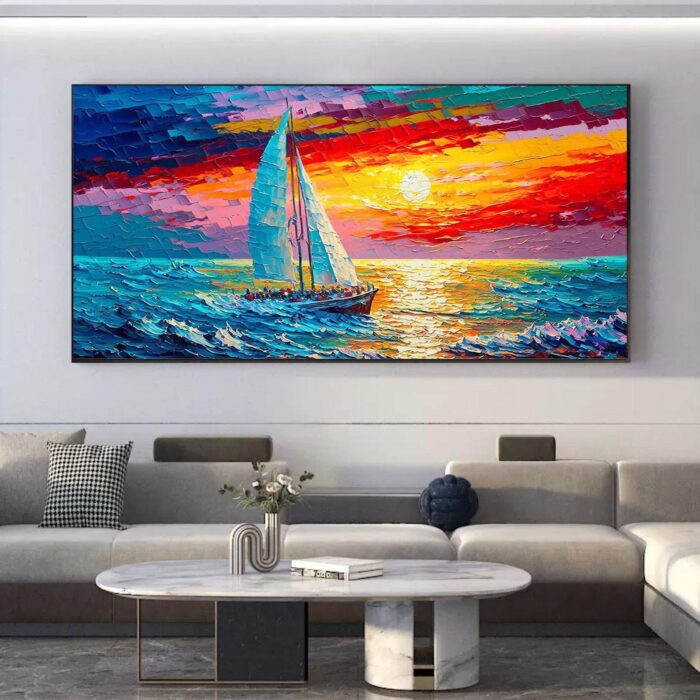 Extra Large White Sails Sailing Ship Yacht Canvas Art Modern Sailing Boat Wall Art Sunset Seascape Art Home Decoration - Image 3