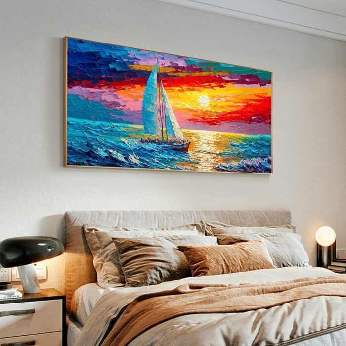 Extra Large White Sails Sailing Ship Yacht Canvas Art Modern Sailing Boat Wall Art Sunset Seascape Art Home Decoration - Image 9