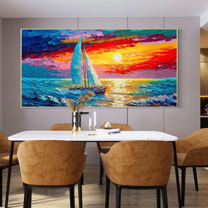 Extra Large White Sails Sailing Ship Yacht Canvas Art Modern Sailing Boat Wall Art Sunset Seascape Art Home Decoration - Image 6