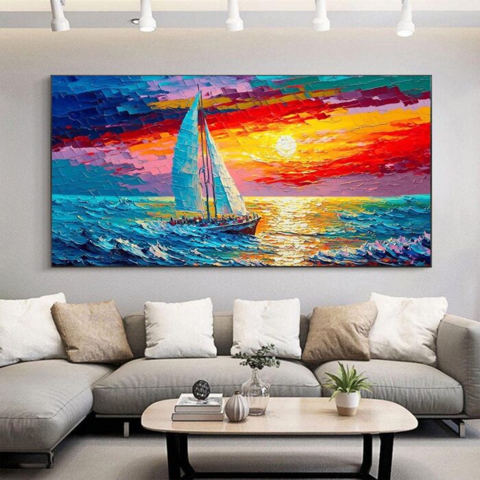 Extra Large White Sails Sailing Ship Yacht Canvas Art Modern Sailing Boat Wall Art Sunset Seascape Art Home Decoration - Image 4