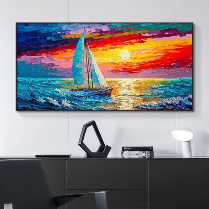 Extra Large White Sails Sailing Ship Yacht Canvas Art Modern Sailing Boat Wall Art Sunset Seascape Art Home Decoration - Image 7