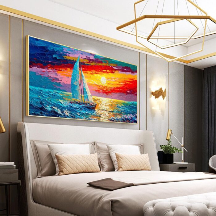 Extra Large White Sails Sailing Ship Yacht Canvas Art Modern Sailing Boat Wall Art Sunset Seascape Art Home Decoration - Image 8