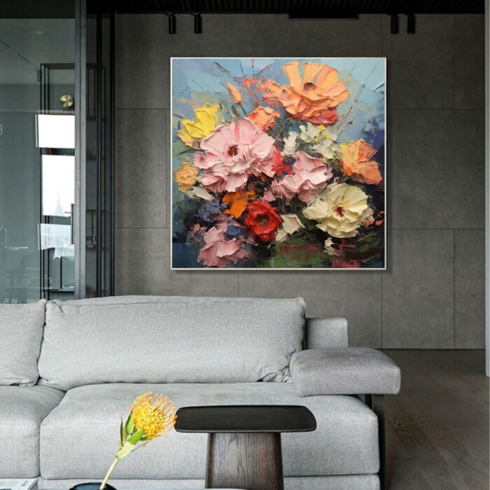 Floral Abstract Wall Art Pink Orange Yellow Blooms Artwork Hand Painted Textured Square Painting on Canvas for Home Decorations