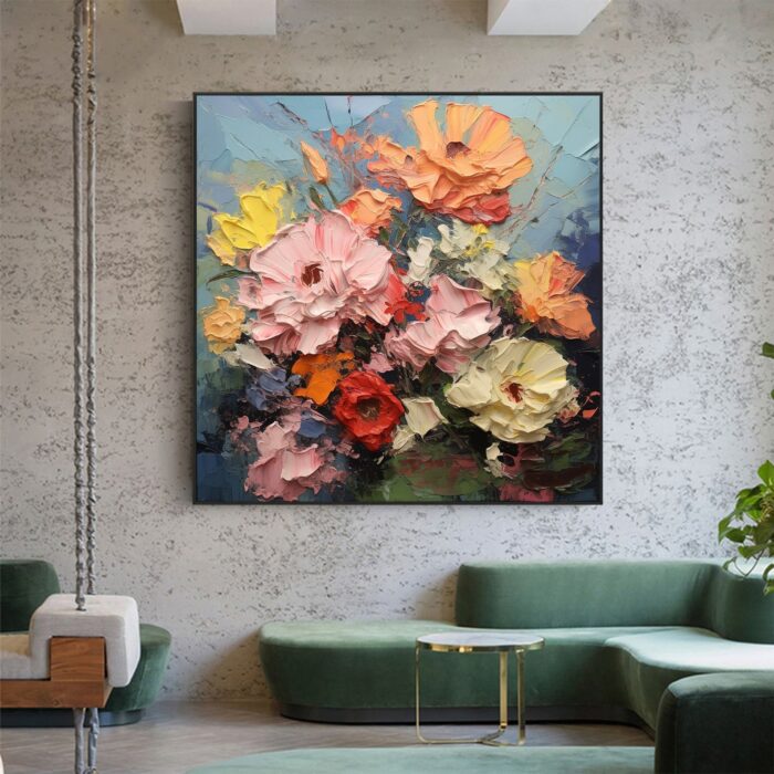 Floral Abstract Wall Art Pink Orange Yellow Blooms Artwork Hand Painted Textured Square Painting on Canvas for Home Decorations - Image 5