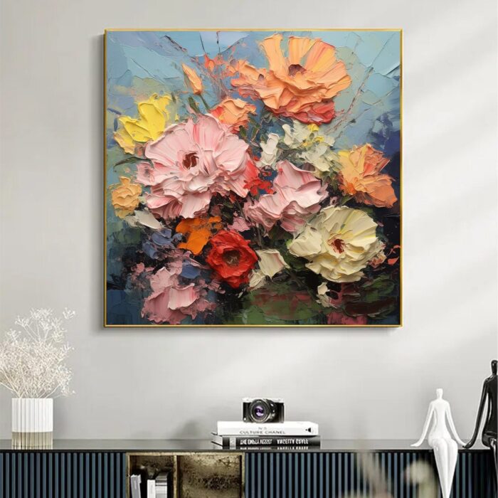 Floral Abstract Wall Art Pink Orange Yellow Blooms Artwork Hand Painted Textured Square Painting on Canvas for Home Decorations - Image 6