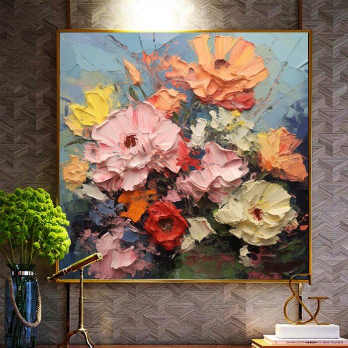 Floral Abstract Wall Art Pink Orange Yellow Blooms Artwork Hand Painted Textured Square Painting on Canvas for Home Decorations - Image 3